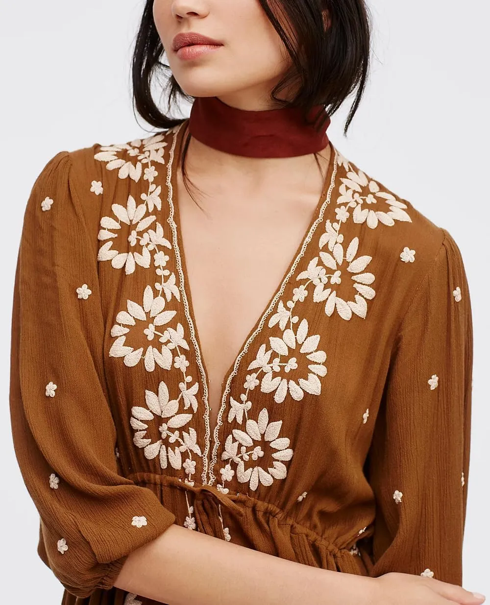 Women Boho Embroidered Maxi Dress Floral V Neck Puff Sleeve Flowy Long Dress Elegant Front Drawstring Swing Sundress