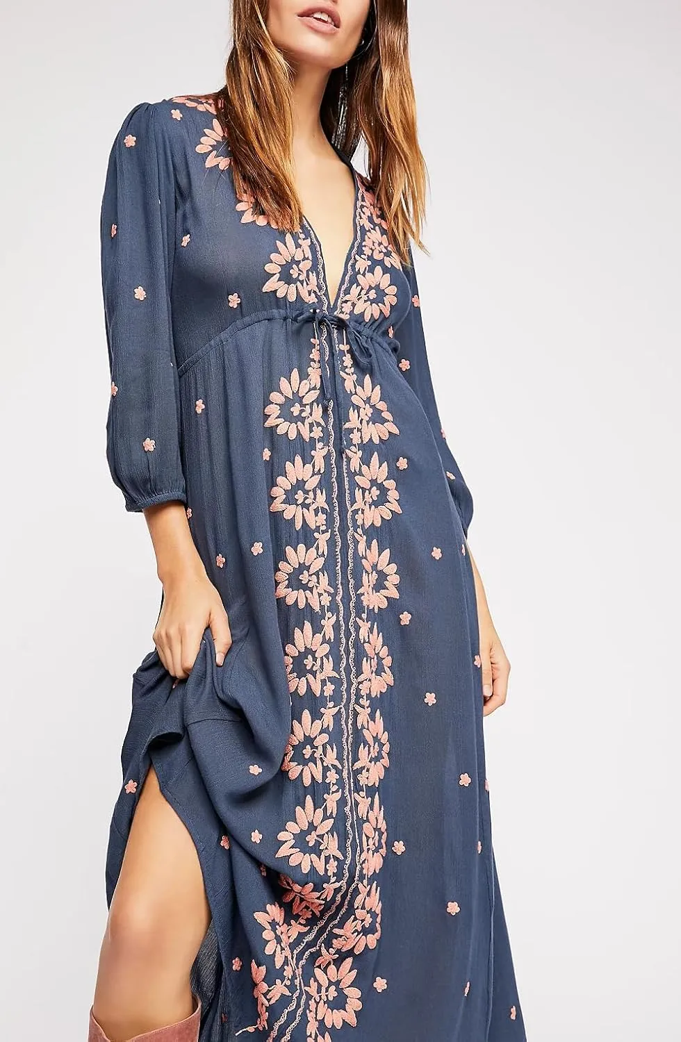 Women Boho Embroidered Maxi Dress Floral V Neck Puff Sleeve Flowy Long Dress Elegant Front Drawstring Swing Sundress