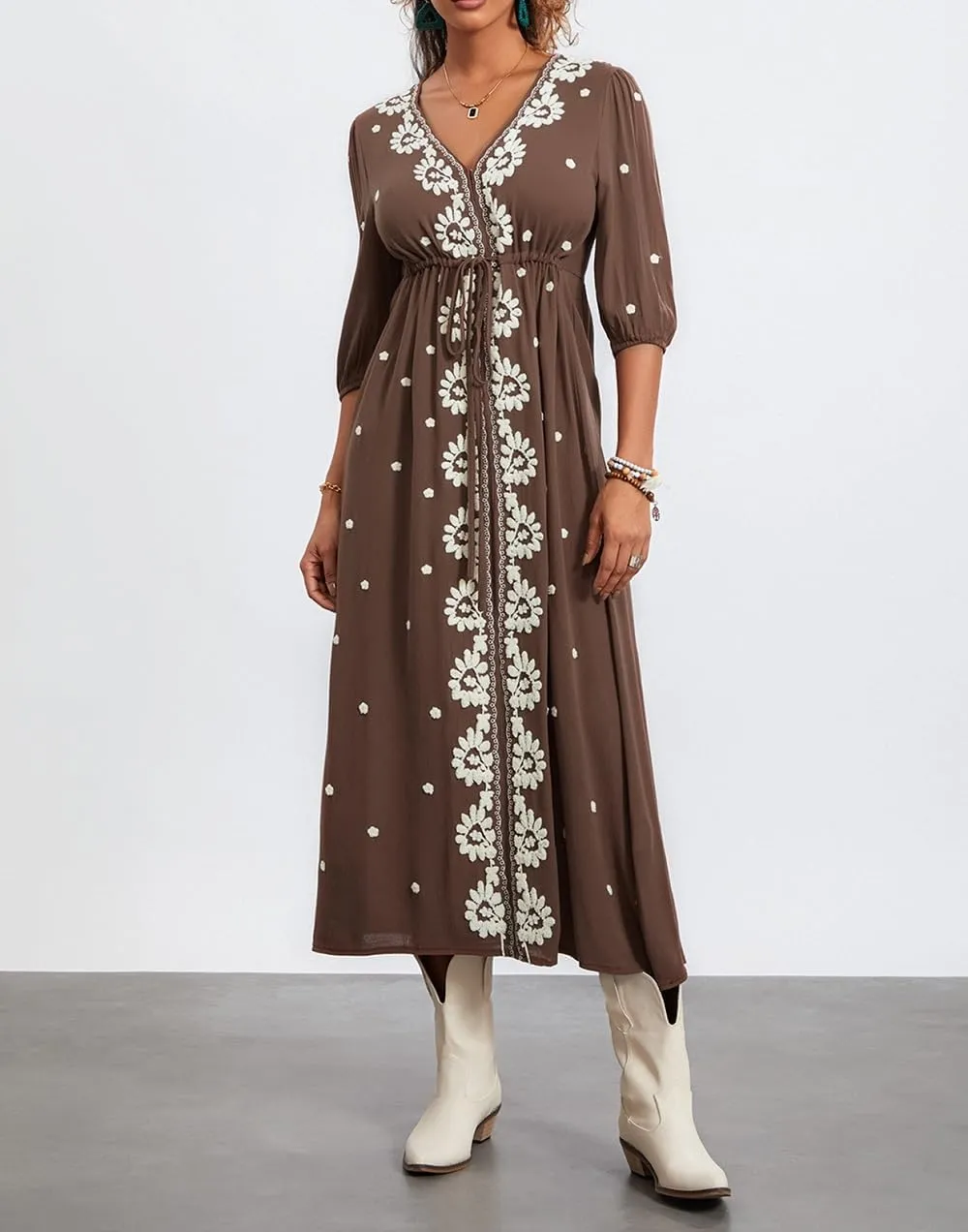 Women Boho Embroidered Maxi Dress Floral V Neck Puff Sleeve Flowy Long Dress Elegant Front Drawstring Swing Sundress