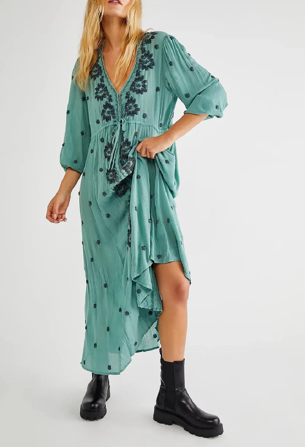 Women Boho Embroidered Maxi Dress Floral V Neck Puff Sleeve Flowy Long Dress Elegant Front Drawstring Swing Sundress