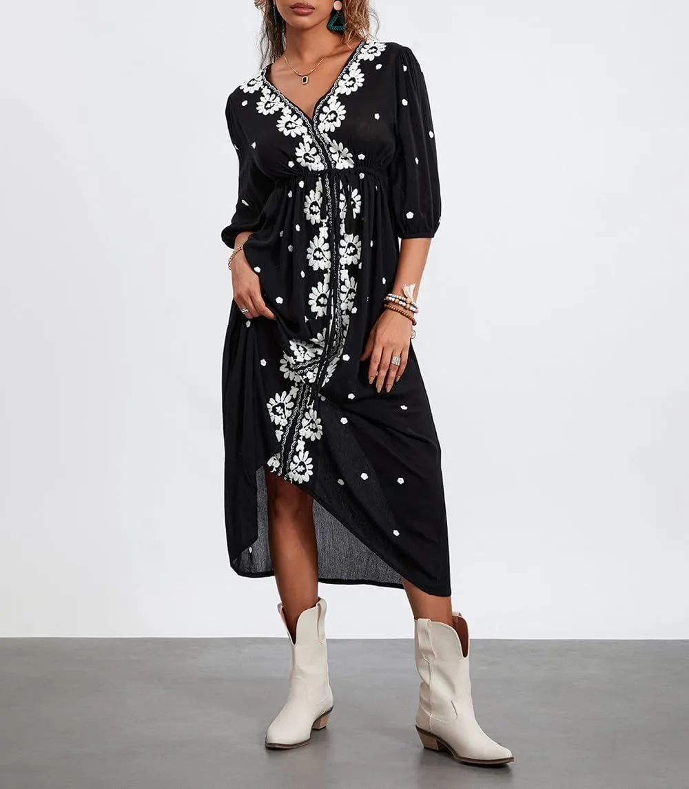 Women Boho Embroidered Maxi Dress Floral V Neck Puff Sleeve Flowy Long Dress Elegant Front Drawstring Swing Sundress
