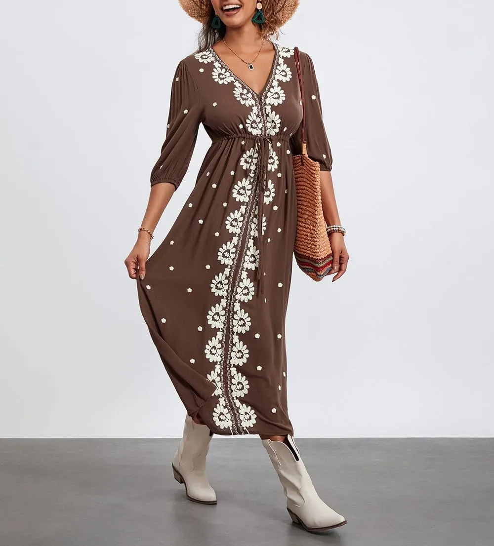 Women Boho Embroidered Maxi Dress Floral V Neck Puff Sleeve Flowy Long Dress Elegant Front Drawstring Swing Sundress