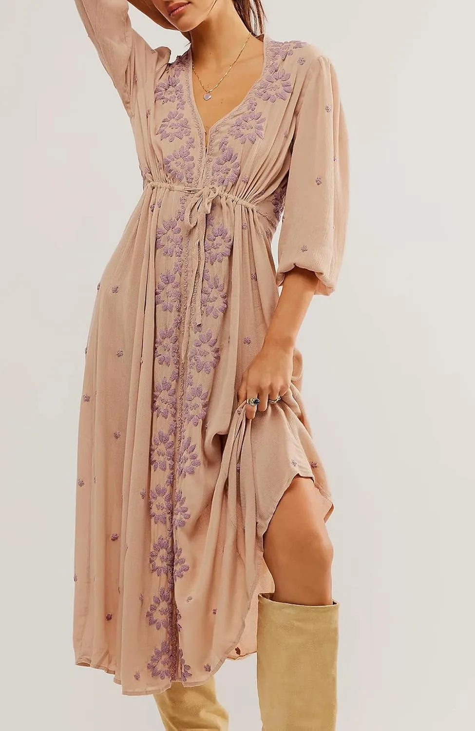 Women Boho Embroidered Maxi Dress Floral V Neck Puff Sleeve Flowy Long Dress Elegant Front Drawstring Swing Sundress
