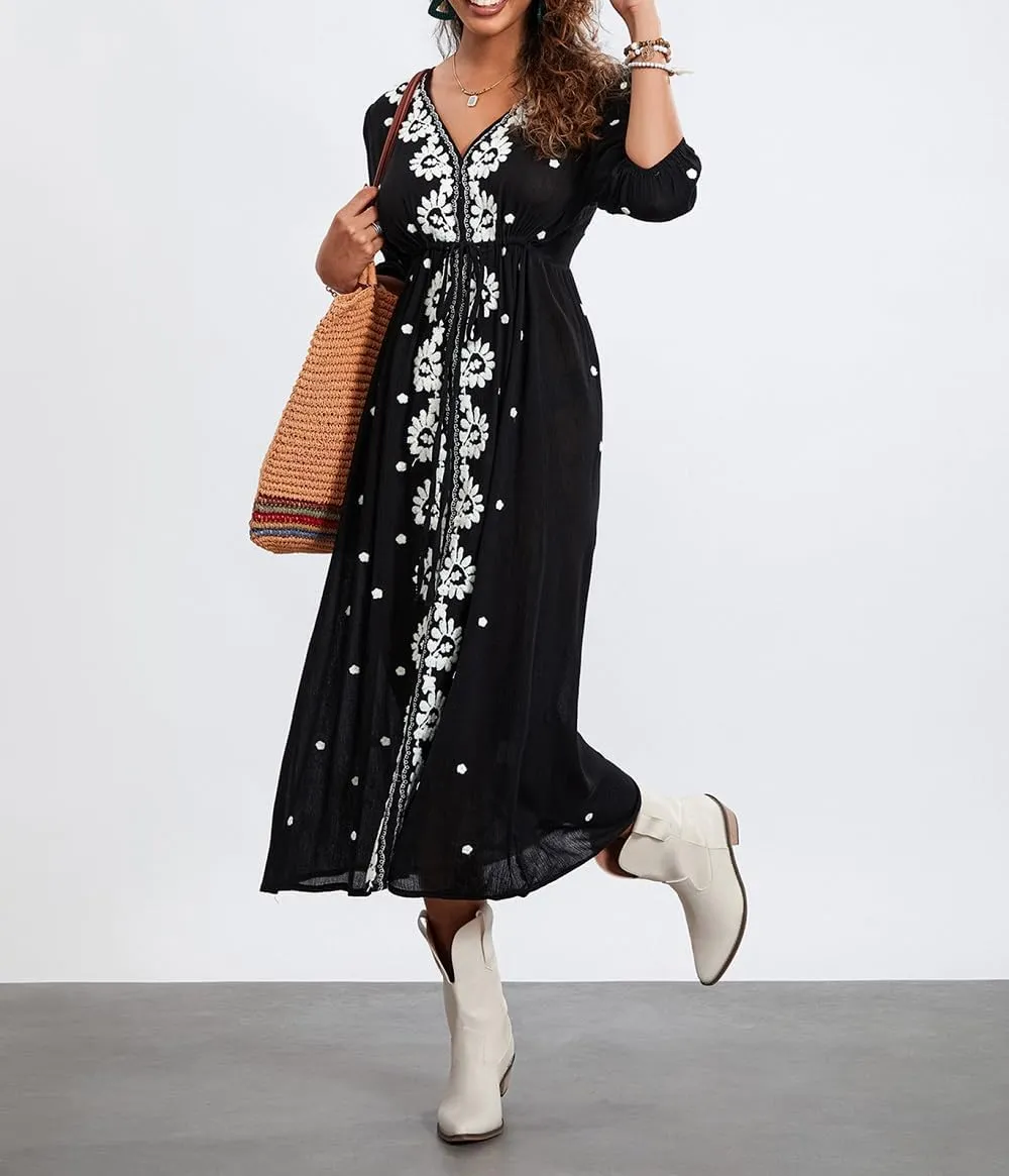 Women Boho Embroidered Maxi Dress Floral V Neck Puff Sleeve Flowy Long Dress Elegant Front Drawstring Swing Sundress