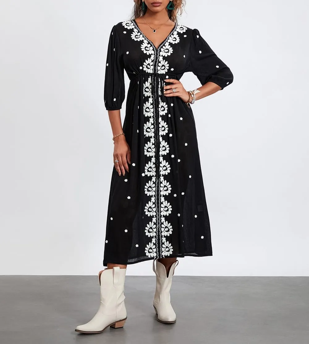 Women Boho Embroidered Maxi Dress Floral V Neck Puff Sleeve Flowy Long Dress Elegant Front Drawstring Swing Sundress