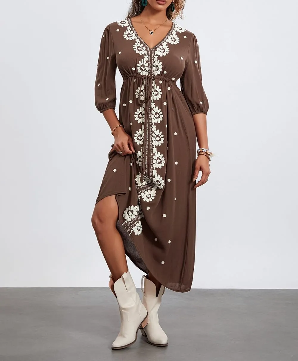 Women Boho Embroidered Maxi Dress Floral V Neck Puff Sleeve Flowy Long Dress Elegant Front Drawstring Swing Sundress