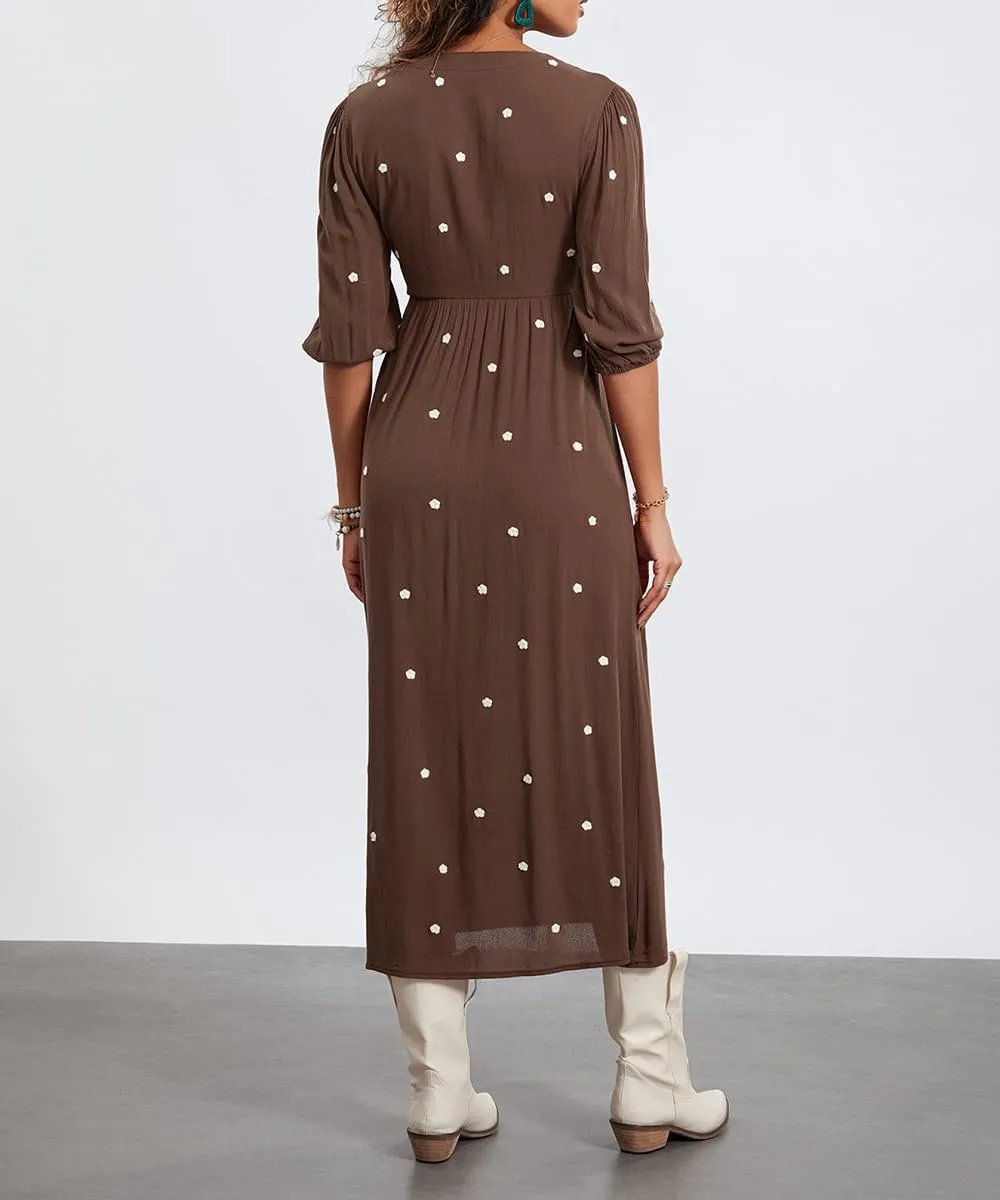 Women Boho Embroidered Maxi Dress Floral V Neck Puff Sleeve Flowy Long Dress Elegant Front Drawstring Swing Sundress