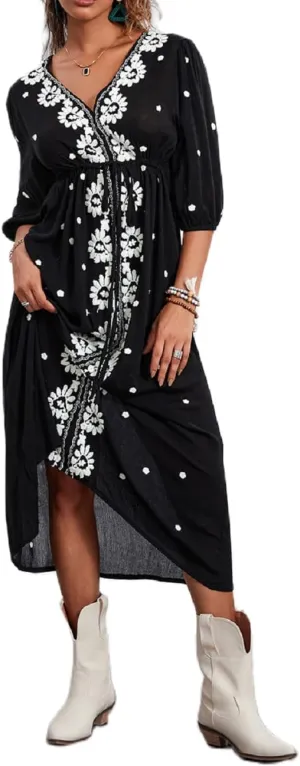 Women Boho Embroidered Maxi Dress Floral V Neck Puff Sleeve Flowy Long Dress Elegant Front Drawstring Swing Sundress