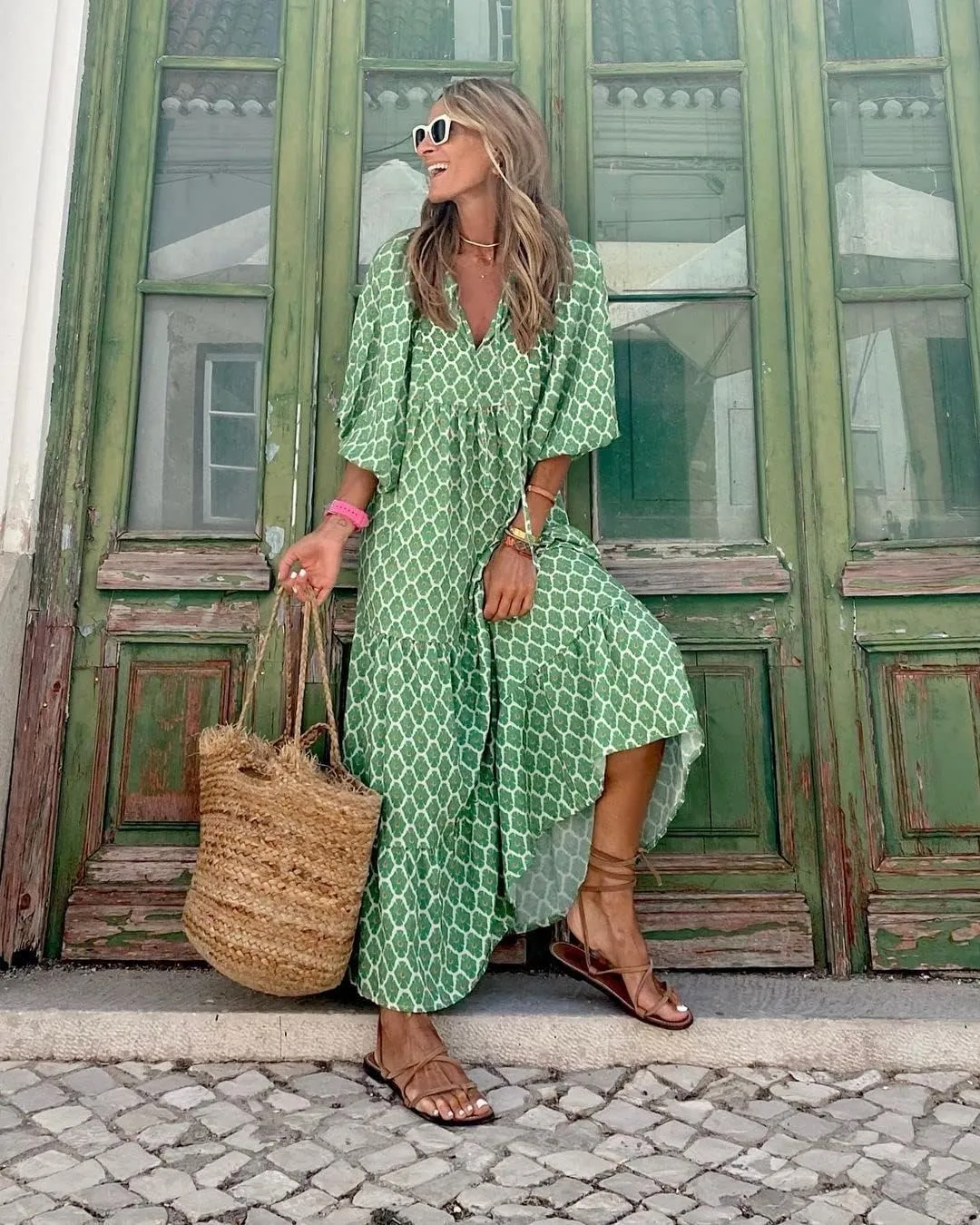 Women Boho Embroidery Maxi Dress Floral Flowy Tiered Long Dress with Puff Sleeve V Neck Swing Casual Sundress