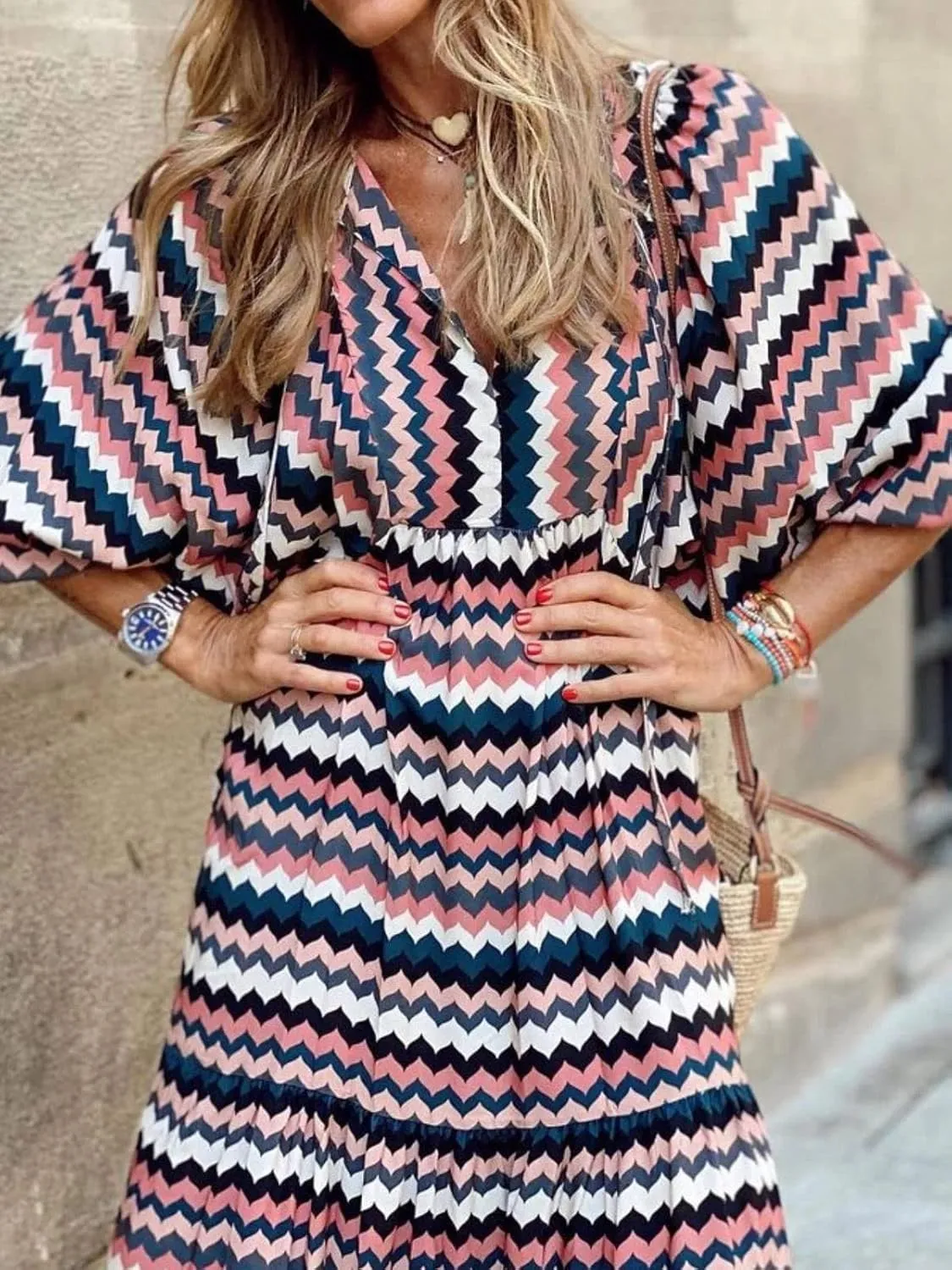 Women Boho Embroidery Maxi Dress Floral Flowy Tiered Long Dress with Puff Sleeve V Neck Swing Casual Sundress