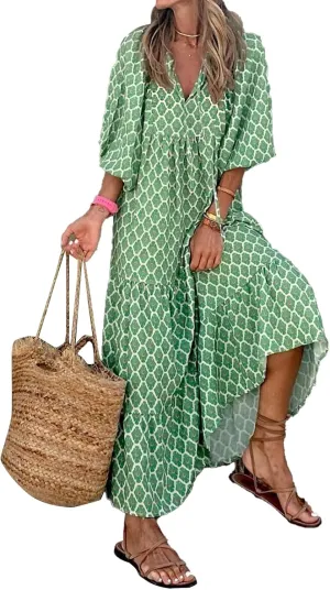 Women Boho Embroidery Maxi Dress Floral Flowy Tiered Long Dress with Puff Sleeve V Neck Swing Casual Sundress