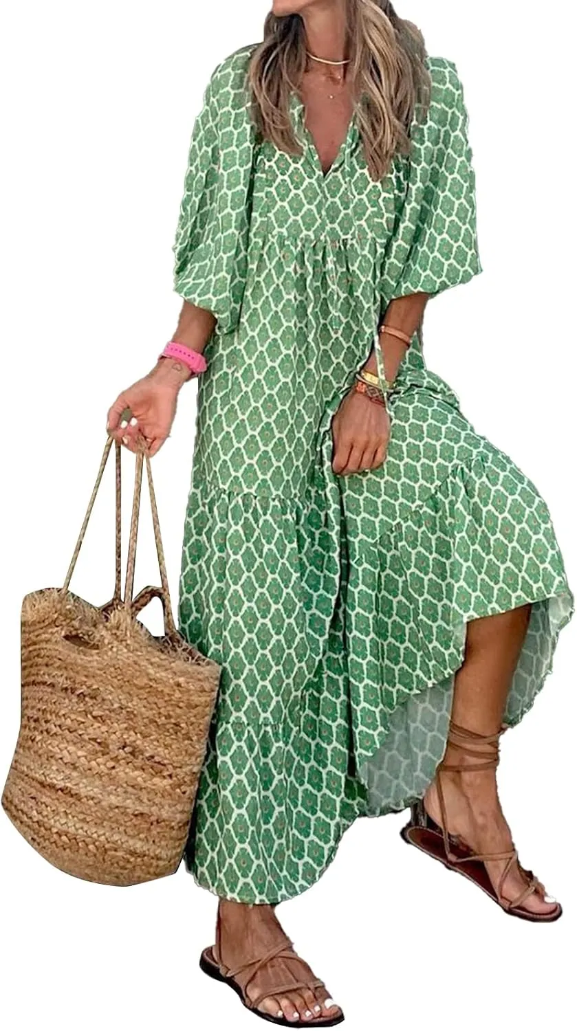 Women Boho Embroidery Maxi Dress Floral Flowy Tiered Long Dress with Puff Sleeve V Neck Swing Casual Sundress
