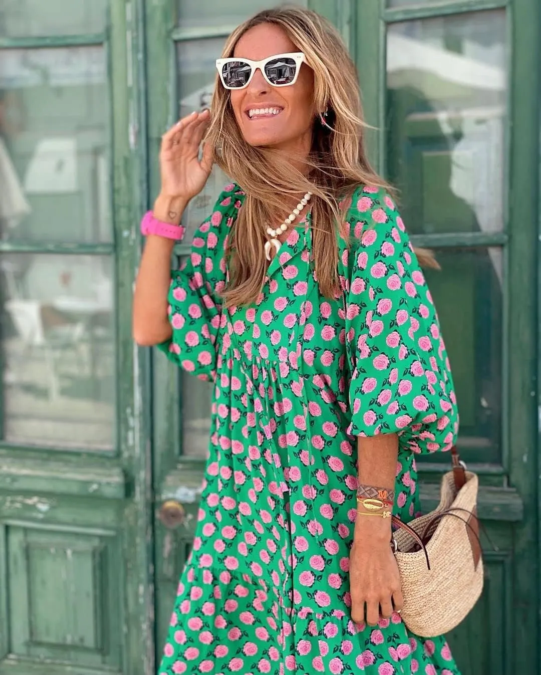 Women Boho Embroidery Maxi Dress Floral Flowy Tiered Long Dress with Puff Sleeve V Neck Swing Casual Sundress
