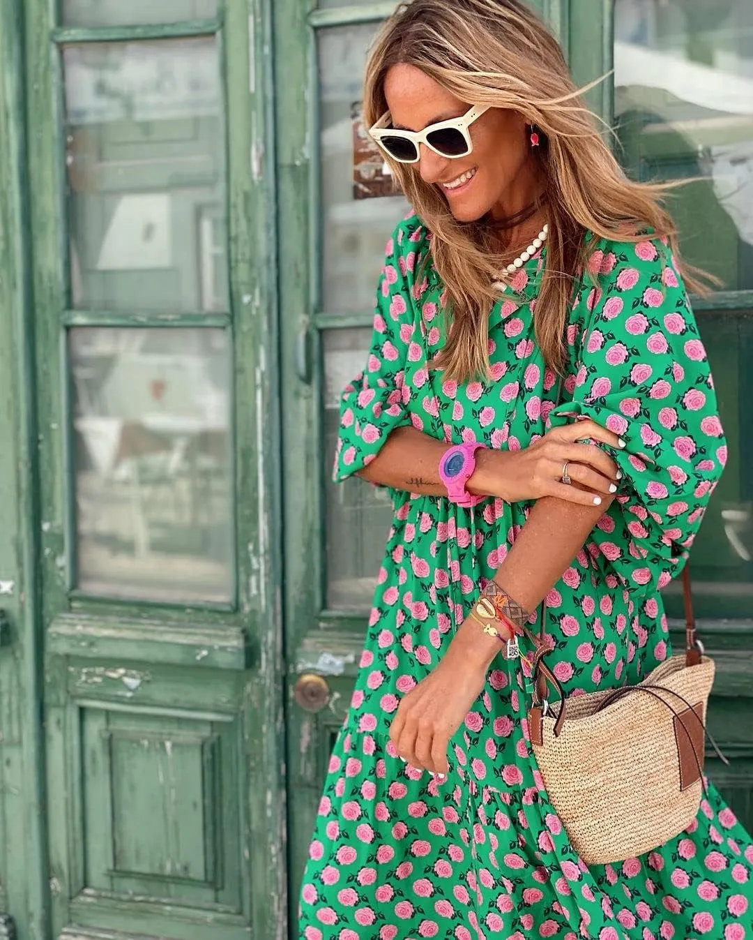 Women Boho Embroidery Maxi Dress Floral Flowy Tiered Long Dress with Puff Sleeve V Neck Swing Casual Sundress