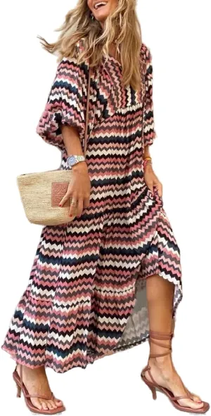 Women Boho Embroidery Maxi Dress Floral Flowy Tiered Long Dress with Puff Sleeve V Neck Swing Casual Sundress