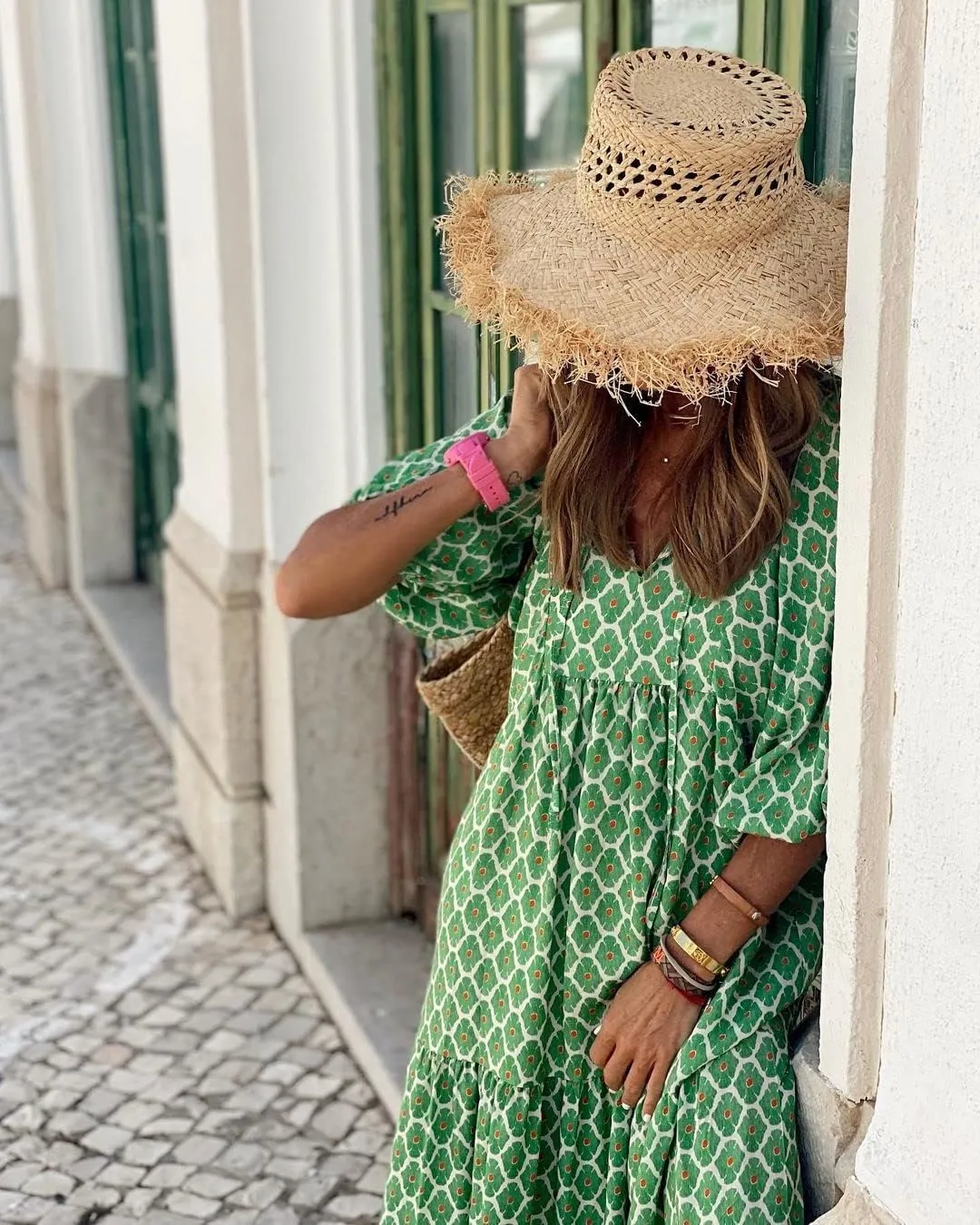 Women Boho Embroidery Maxi Dress Floral Flowy Tiered Long Dress with Puff Sleeve V Neck Swing Casual Sundress