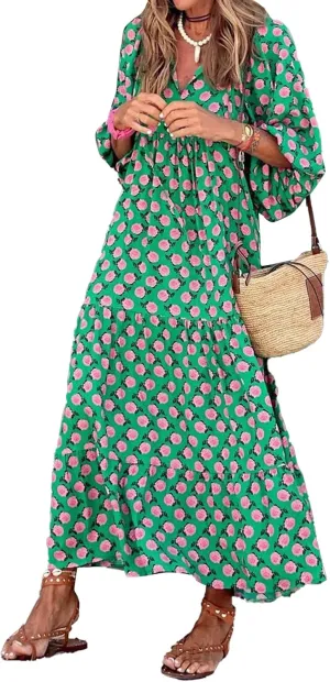 Women Boho Embroidery Maxi Dress Floral Flowy Tiered Long Dress with Puff Sleeve V Neck Swing Casual Sundress