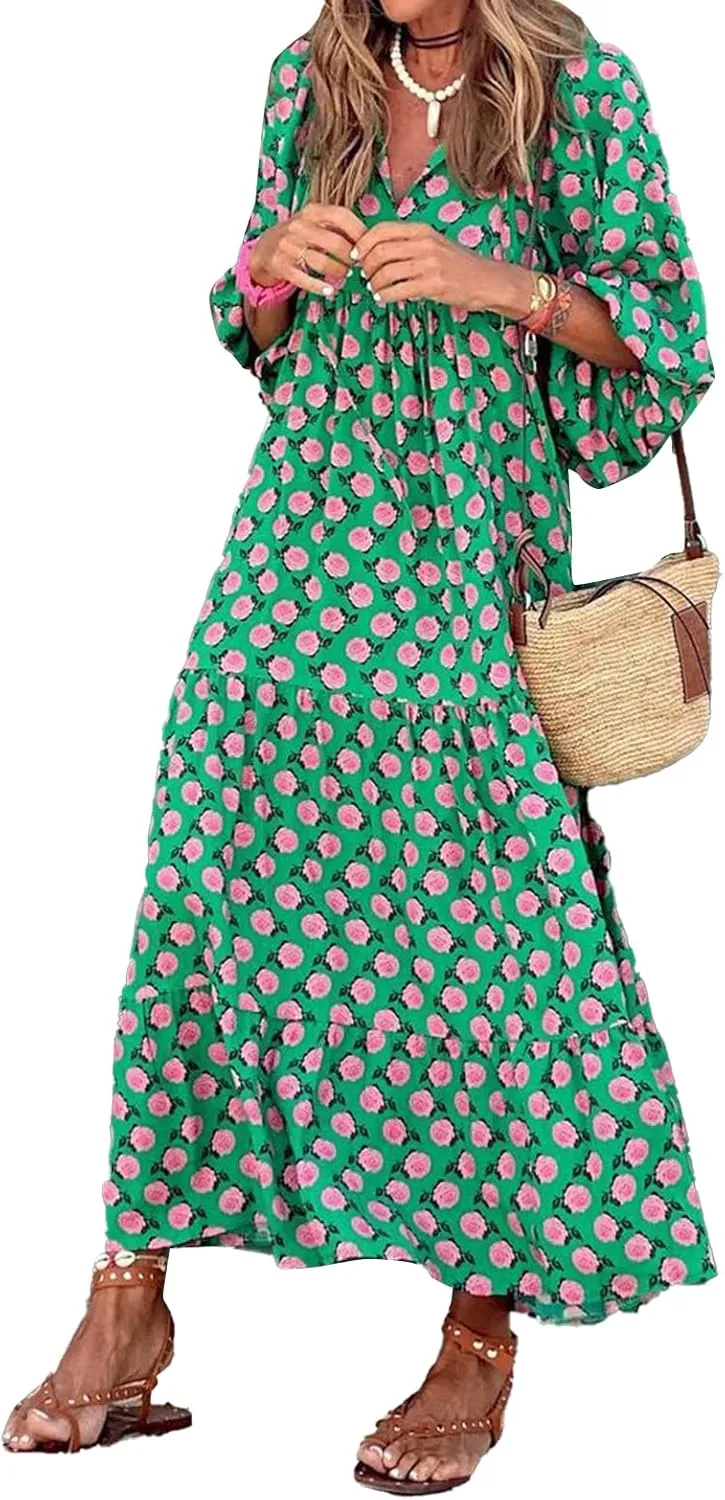 Women Boho Embroidery Maxi Dress Floral Flowy Tiered Long Dress with Puff Sleeve V Neck Swing Casual Sundress
