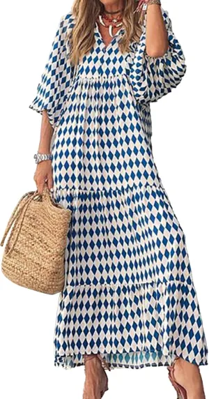 Women Boho Embroidery Maxi Dress Floral Flowy Tiered Long Dress with Puff Sleeve V Neck Swing Casual Sundress