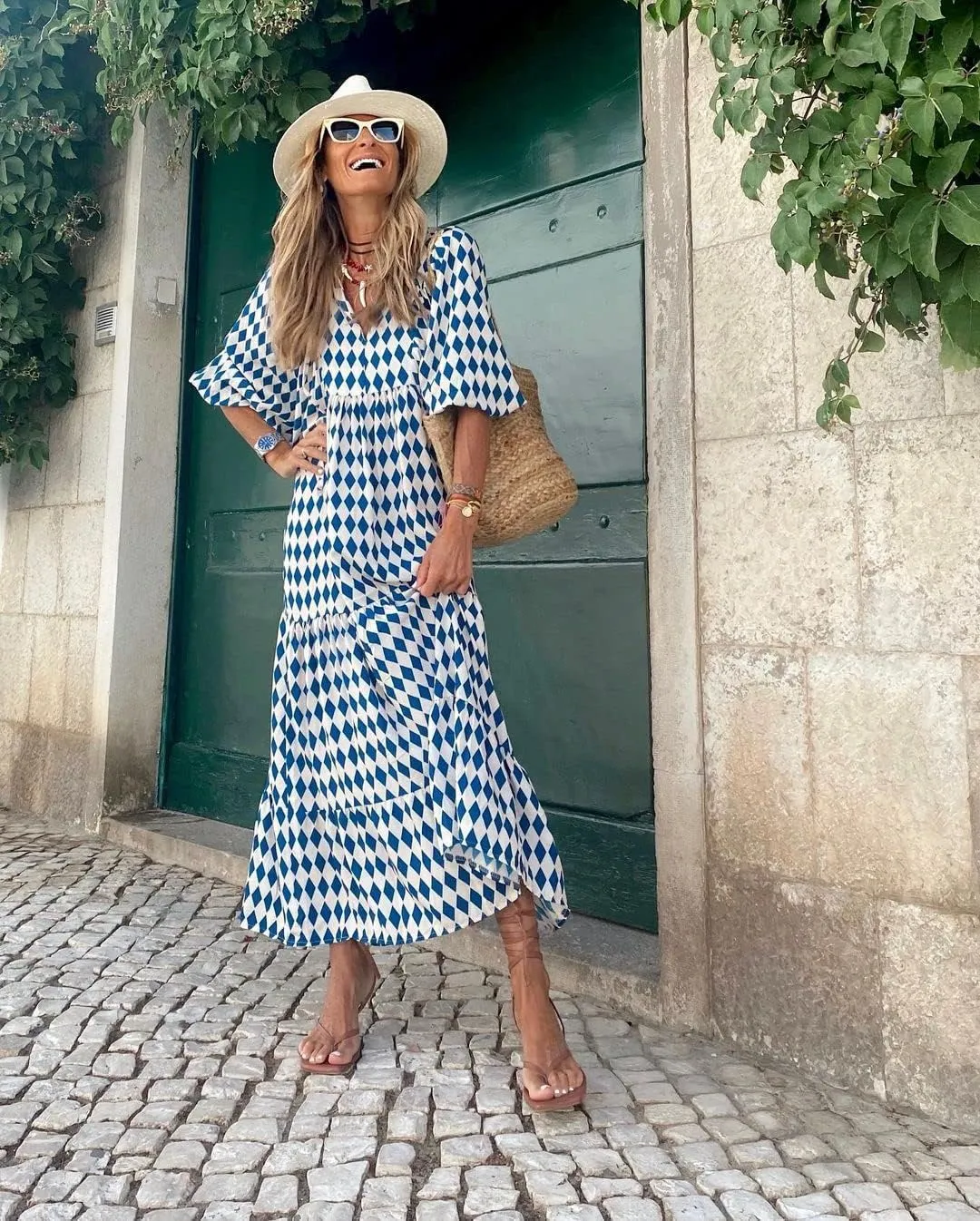 Women Boho Embroidery Maxi Dress Floral Flowy Tiered Long Dress with Puff Sleeve V Neck Swing Casual Sundress