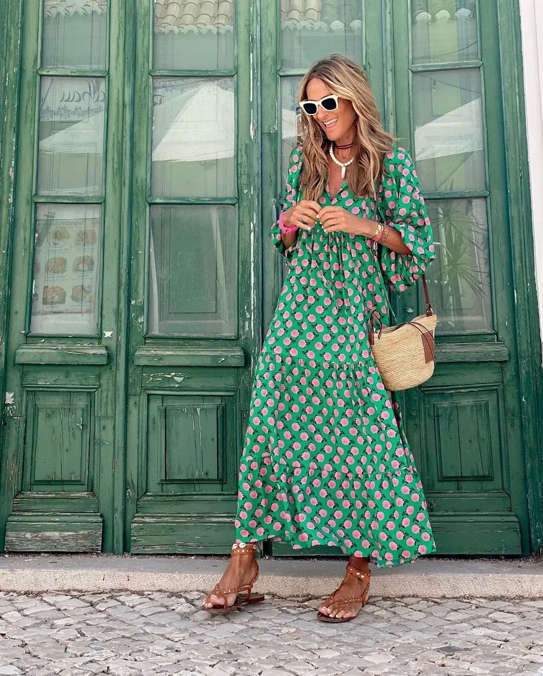 Women Boho Embroidery Maxi Dress Floral Flowy Tiered Long Dress with Puff Sleeve V Neck Swing Casual Sundress