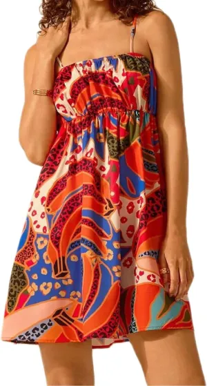 Women Boho Floral Cami Mini Dress Spaghetti Strap Printed A Line Short Dress Graffiti Cut Out Colorful Summer Dress