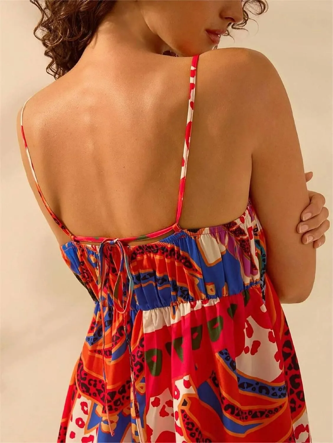Women Boho Floral Cami Mini Dress Spaghetti Strap Printed A Line Short Dress Graffiti Cut Out Colorful Summer Dress