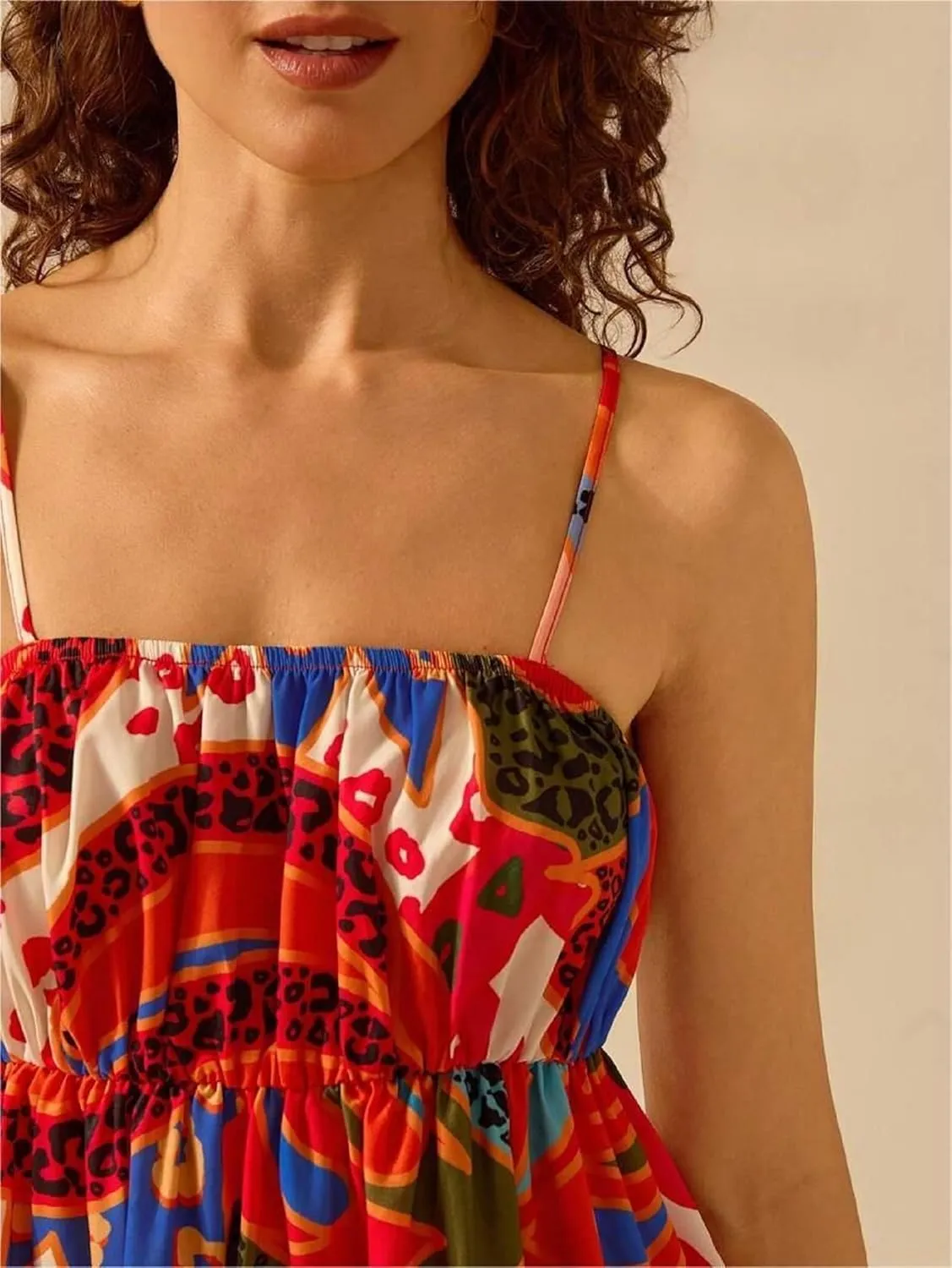 Women Boho Floral Cami Mini Dress Spaghetti Strap Printed A Line Short Dress Graffiti Cut Out Colorful Summer Dress