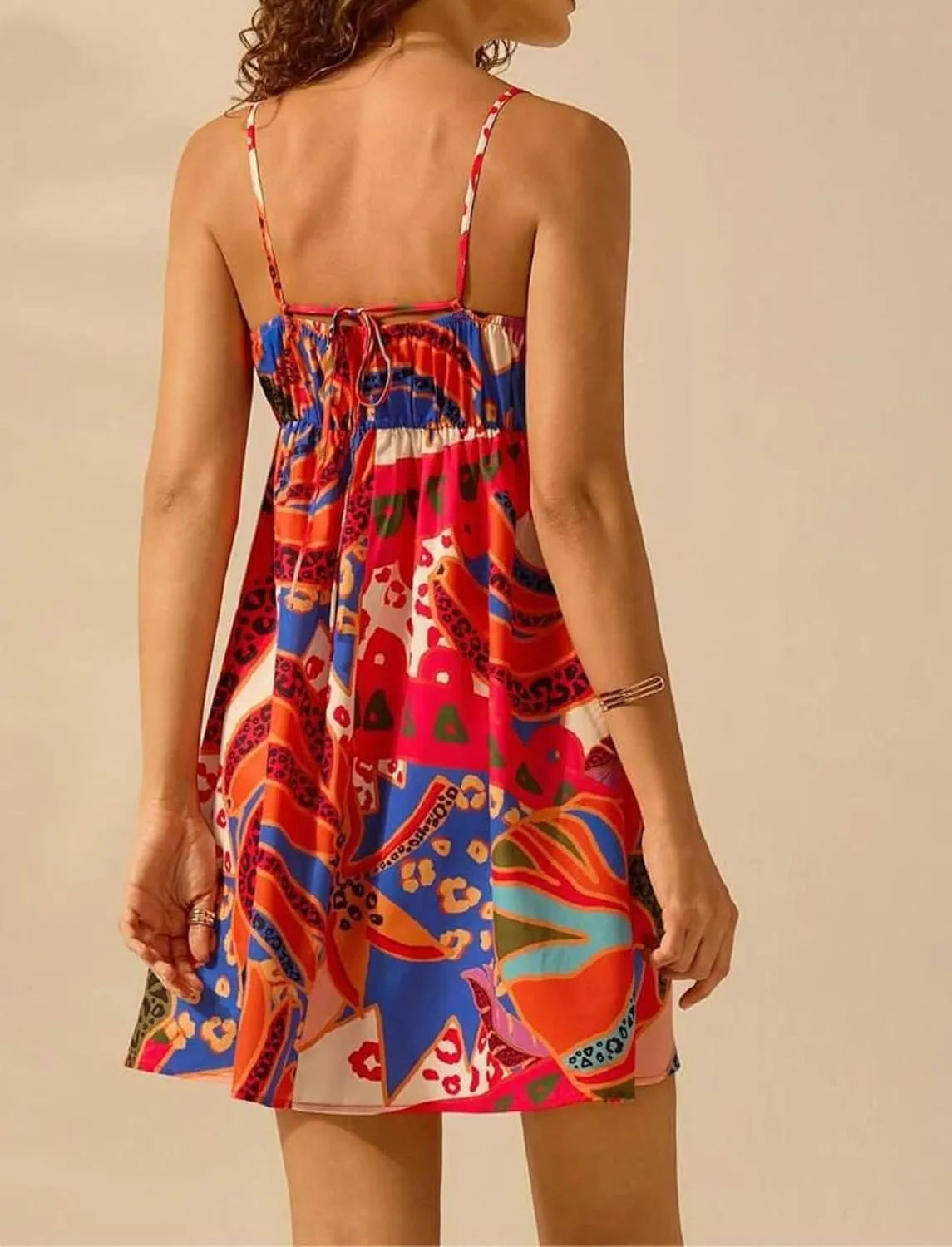 Women Boho Floral Cami Mini Dress Spaghetti Strap Printed A Line Short Dress Graffiti Cut Out Colorful Summer Dress