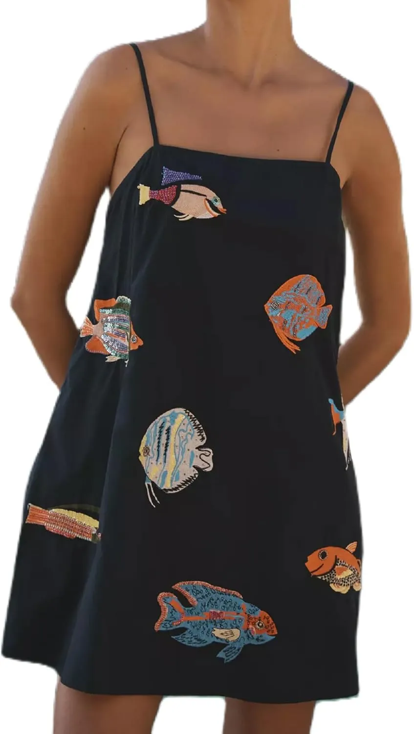 Women Boho Graffiti Cami Mini Dress Spaghetti Strap Printed A Line Short Dress Cute Colorful Sundress
