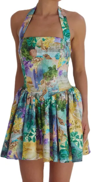 Women Boho Graffiti Cami Mini Dress Spaghetti Strap Printed A Line Short Dress Cute Colorful Sundress