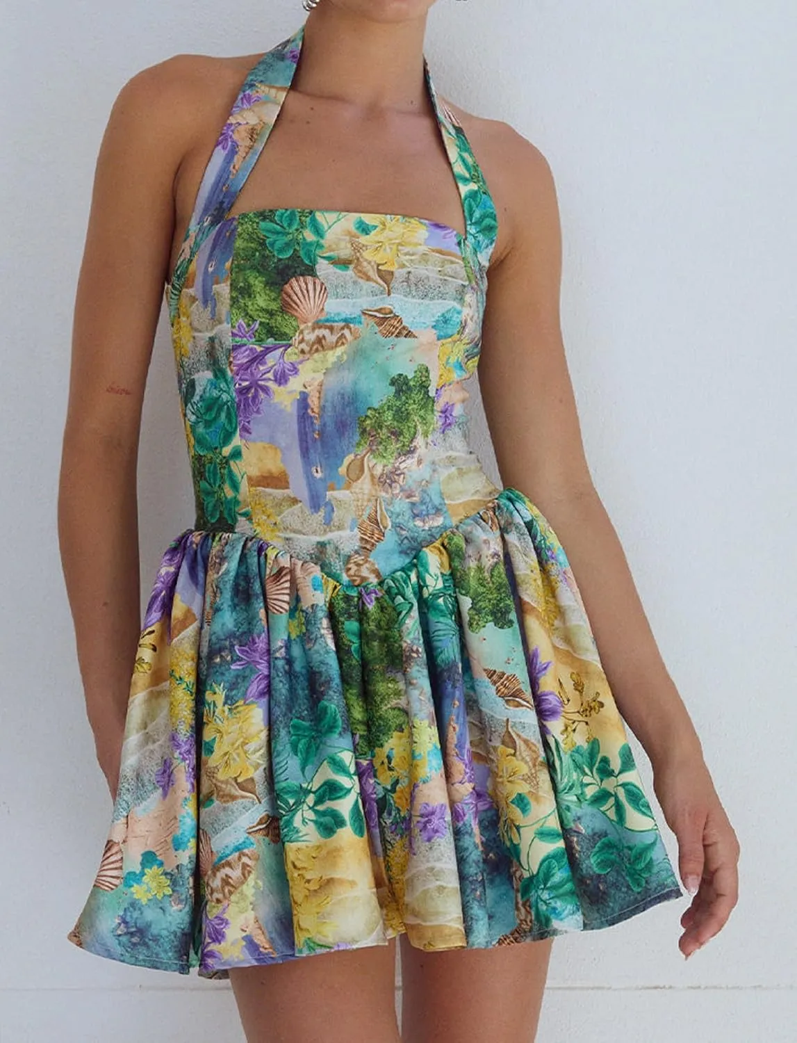Women Boho Graffiti Cami Mini Dress Spaghetti Strap Printed A Line Short Dress Cute Colorful Sundress