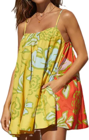 Women Boho Graffiti Cami Mini Dress Spaghetti Strap Printed A Line Short Dress Cute Colorful Sundress