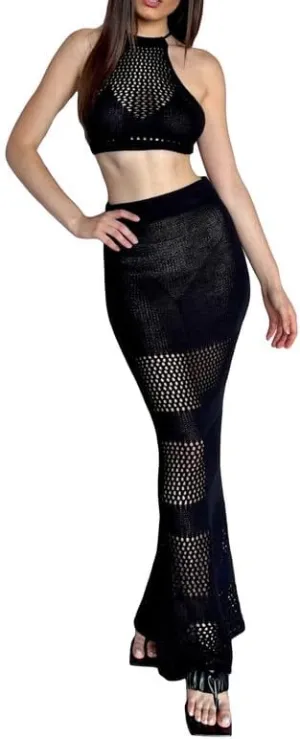 Women Crochet Knit 2 Piece Long Skirt Sets Hollow Out Crop Top Bodycon High Waist Side Slit Maxi Skirt Summer Sets