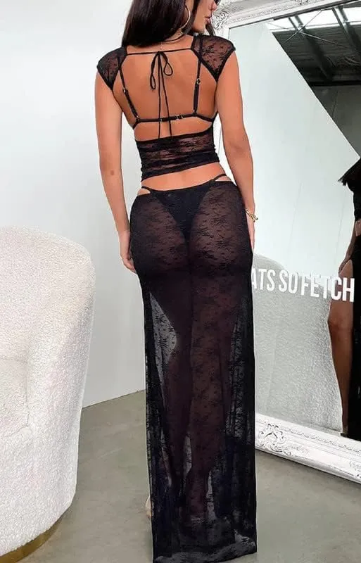 Women Crochet Knit 2 Piece Long Skirt Sets Hollow Out Crop Top Bodycon High Waist Side Slit Maxi Skirt Summer Sets