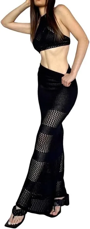 Women Crochet Knit 2 Piece Long Skirt Sets Hollow Out Crop Top Bodycon High Waist Side Slit Maxi Skirt Summer Sets