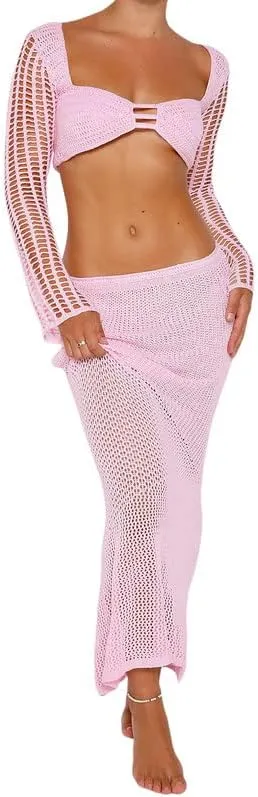 Women Crochet Knit 2 Piece Long Skirt Sets Hollow Out Crop Top Bodycon High Waist Side Slit Maxi Skirt Summer Sets