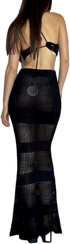 Women Crochet Knit 2 Piece Long Skirt Sets Hollow Out Crop Top Bodycon High Waist Side Slit Maxi Skirt Summer Sets