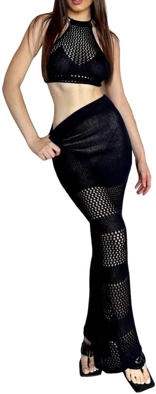 Women Crochet Knit 2 Piece Long Skirt Sets Hollow Out Crop Top Bodycon High Waist Side Slit Maxi Skirt Summer Sets