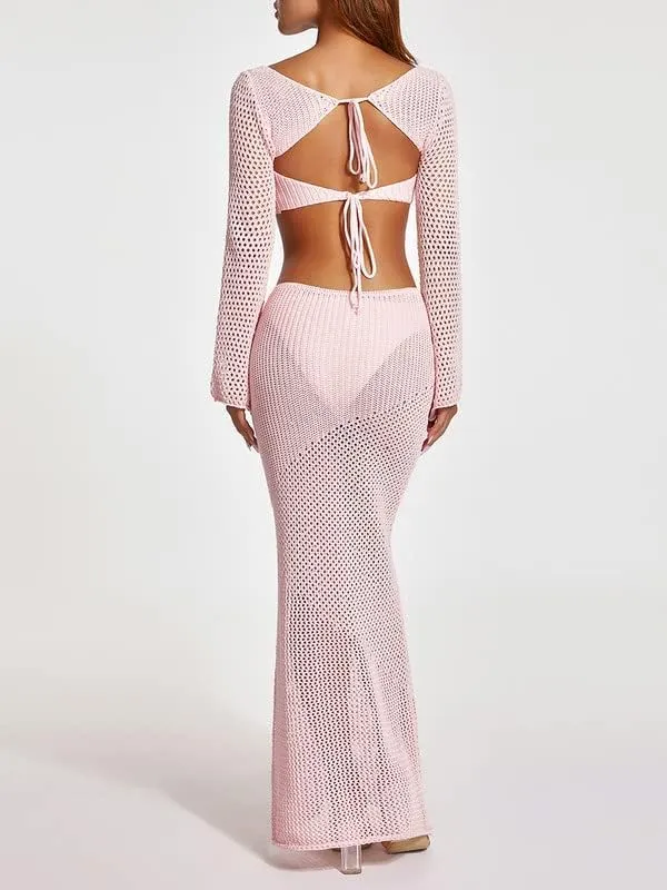 Women Crochet Knit 2 Piece Long Skirt Sets Hollow Out Crop Top Bodycon High Waist Side Slit Maxi Skirt Summer Sets