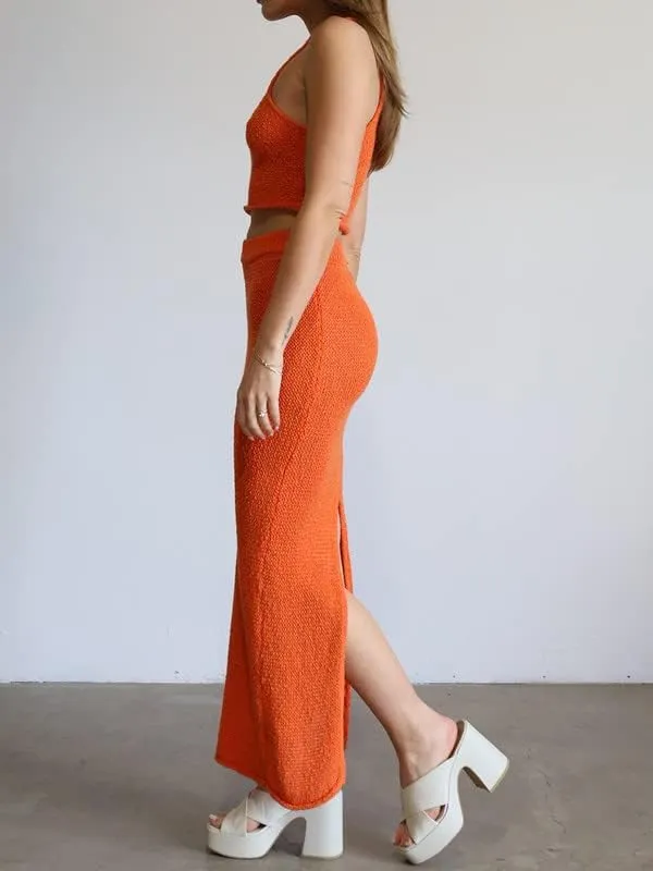 Women Crochet Knit 2 Piece Long Skirt Sets Hollow Out Crop Top Bodycon High Waist Side Slit Maxi Skirt Summer Sets