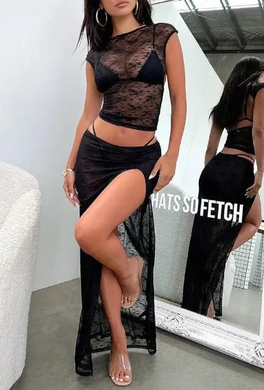 Women Crochet Knit 2 Piece Long Skirt Sets Hollow Out Crop Top Bodycon High Waist Side Slit Maxi Skirt Summer Sets