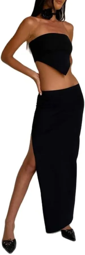 Women Crochet Knit 2 Piece Long Skirt Sets Hollow Out Crop Top Bodycon High Waist Side Slit Maxi Skirt Summer Sets