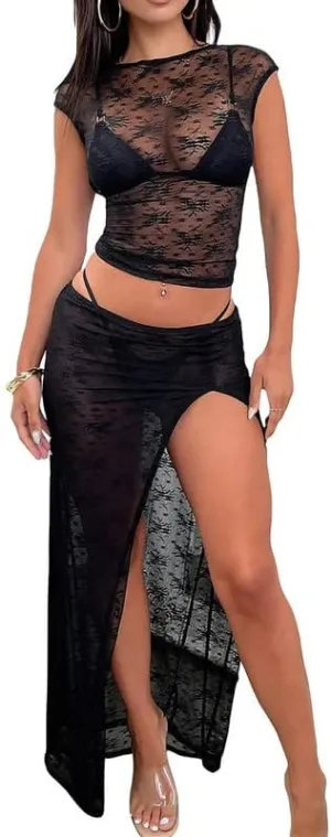 Women Crochet Knit 2 Piece Long Skirt Sets Hollow Out Crop Top Bodycon High Waist Side Slit Maxi Skirt Summer Sets