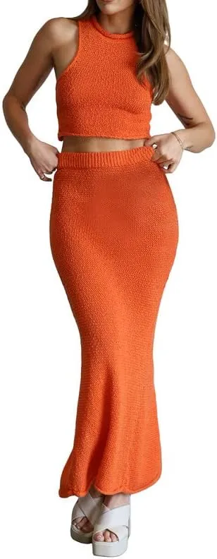 Women Crochet Knit 2 Piece Long Skirt Sets Hollow Out Crop Top Bodycon High Waist Side Slit Maxi Skirt Summer Sets