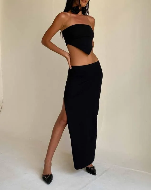 Women Crochet Knit 2 Piece Long Skirt Sets Hollow Out Crop Top Bodycon High Waist Side Slit Maxi Skirt Summer Sets