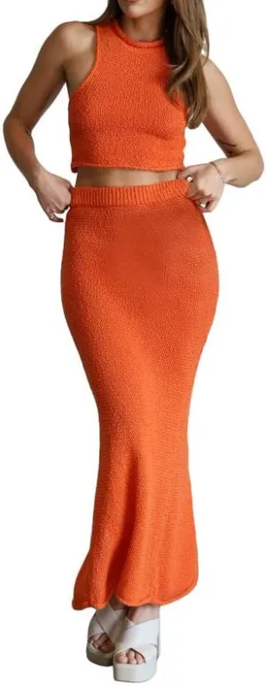 Women Crochet Knit 2 Piece Long Skirt Sets Hollow Out Crop Top Bodycon High Waist Side Slit Maxi Skirt Summer Sets