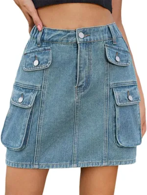 Women Denim Mini Cargo Skirt High Waisted Stretchy Washed Button Flap Pockets Wrap Skirts