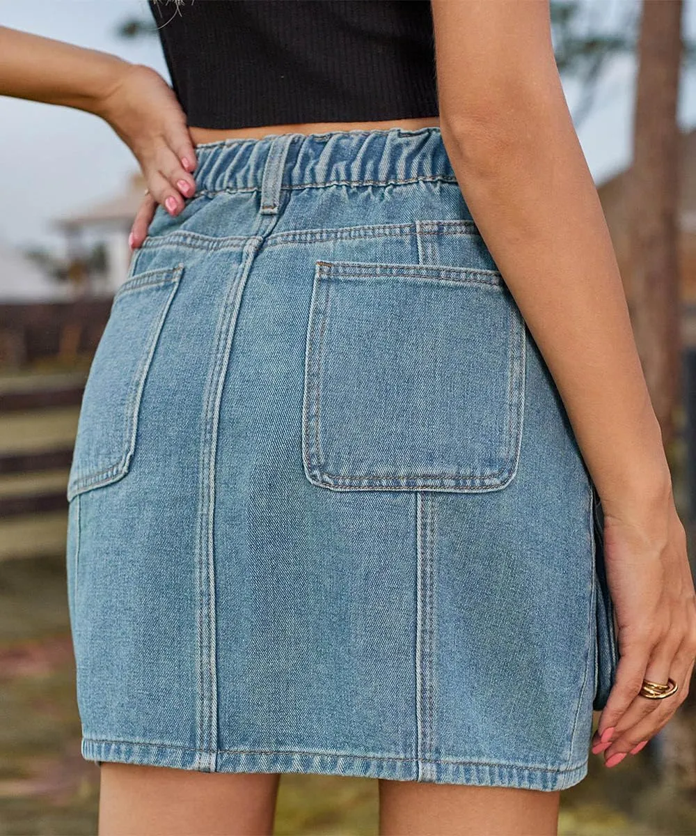 Women Denim Mini Cargo Skirt High Waisted Stretchy Washed Button Flap Pockets Wrap Skirts