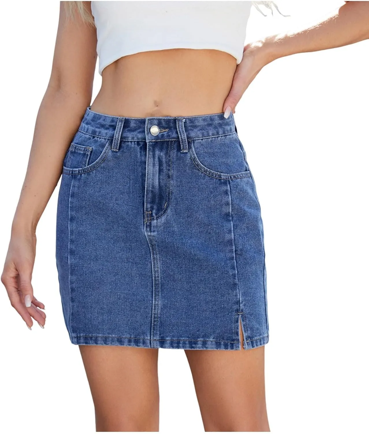 Women Denim Mini Skirts Stretch Low Waisted Zipper Button Split Hem Casual Summer Shift Jean Skirt with Pockets